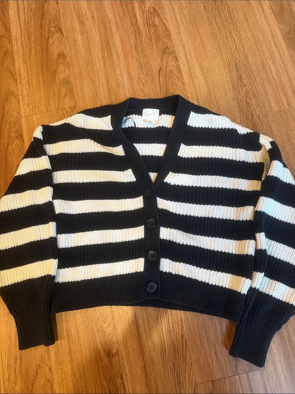 H&M Black and White Striped V-Neck Button Cardigan